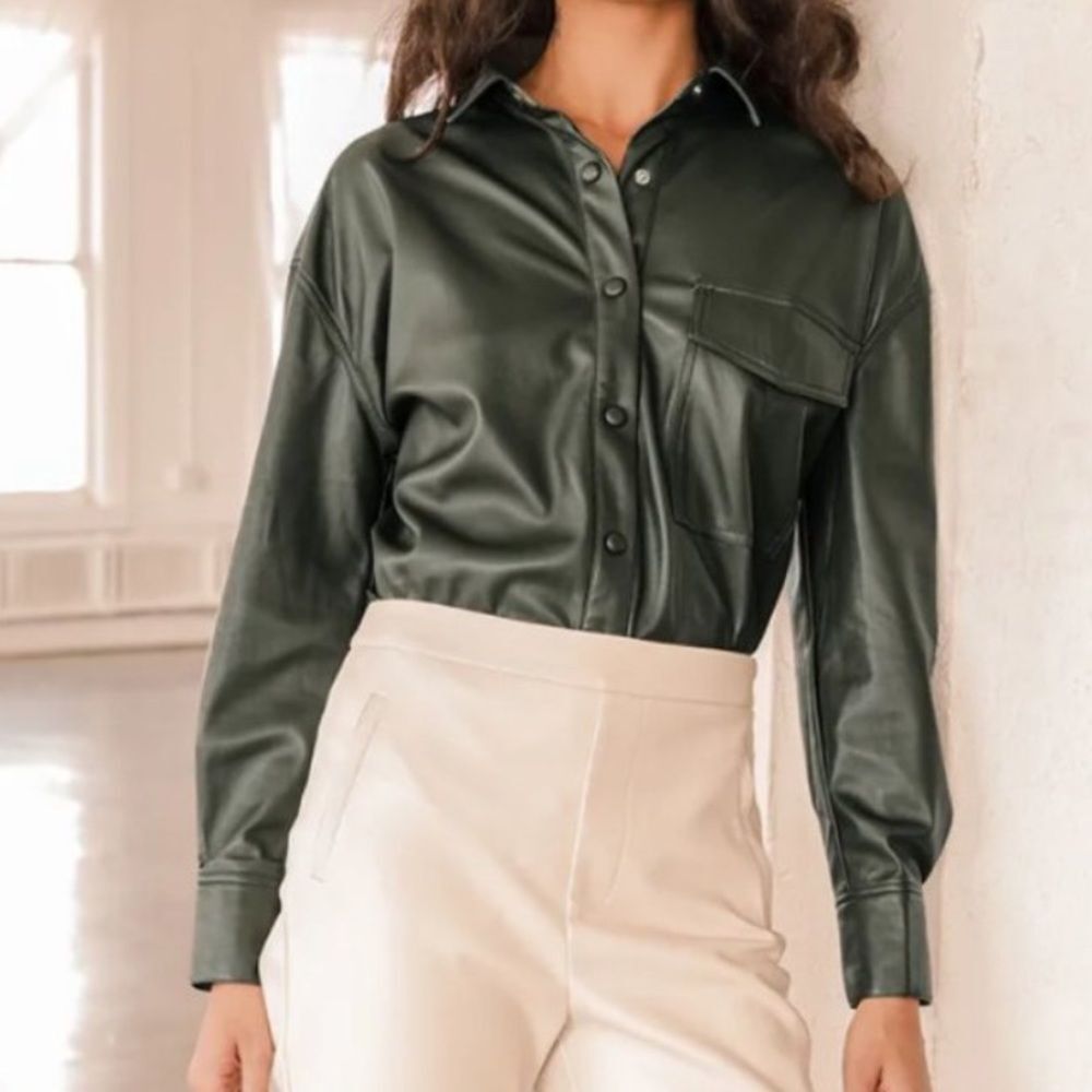 Lulus Vegan Leather Button-Up Oversized Shacket Army Green, XS - Picture 1 of 6